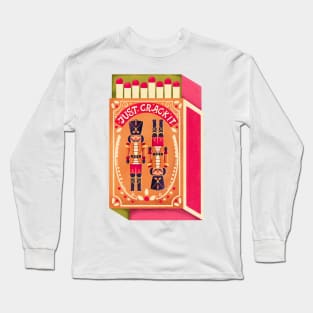 Two colorful nutcrackers on a matchbox with hand lettering on a pink background. Colorful festive winter Merry Christmas illustration Long Sleeve T-Shirt